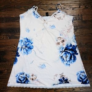Blue & White Floral Lace-Trim V-Neck Nightgown